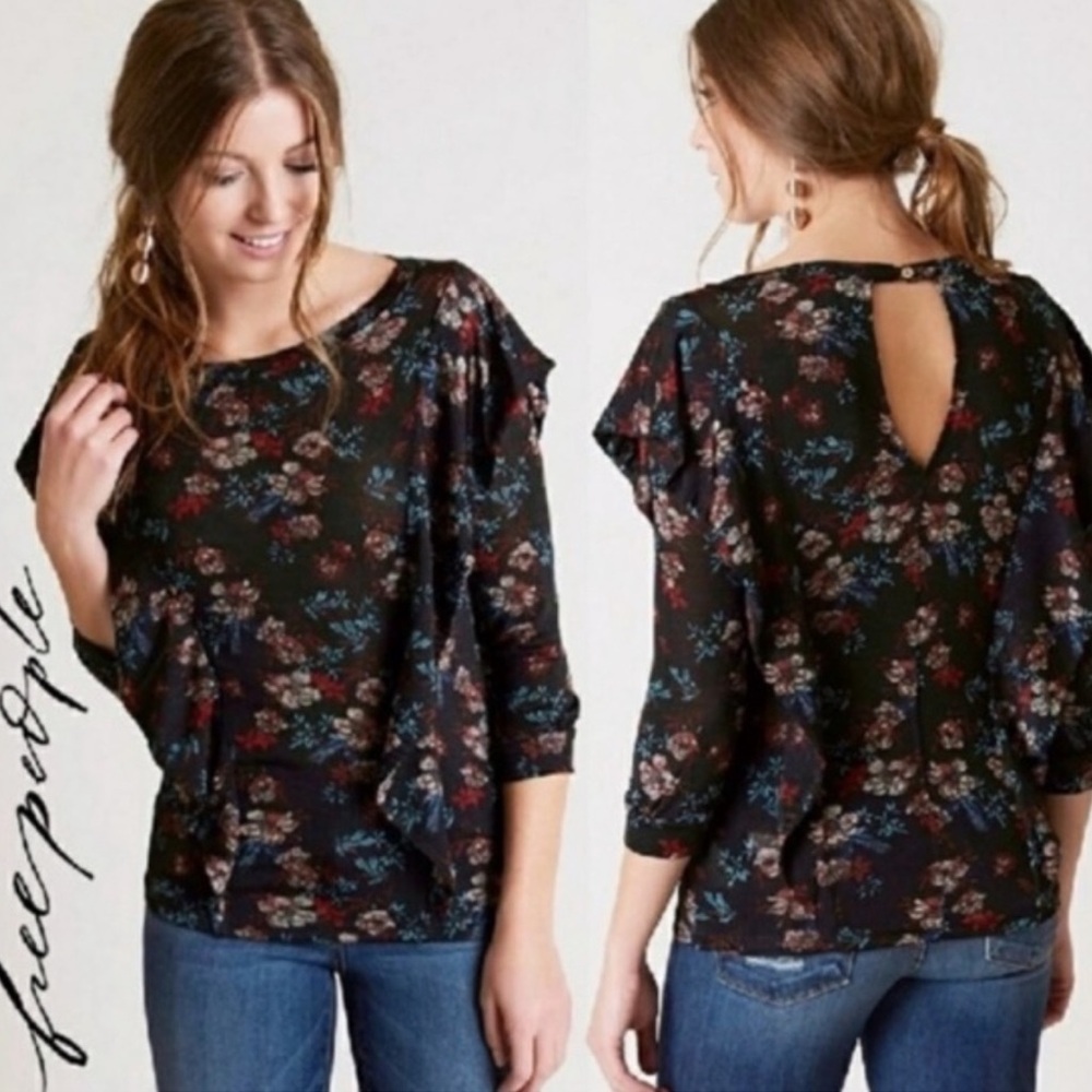 Free People NWOT Black Floral Blouse 3/4 sleeve Size XS with extra button
